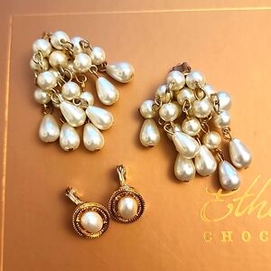 Rare Pearl Earrings Monet Clip On Vintage Pearl Cluster Drop 2 Pairs